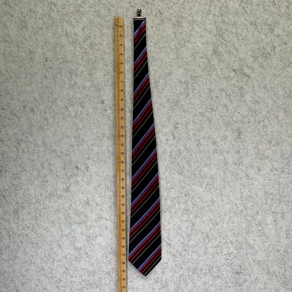 Dona Black Silk Striped Men's Tie Hand Made Diagonal Red Blue Gold NWT 58